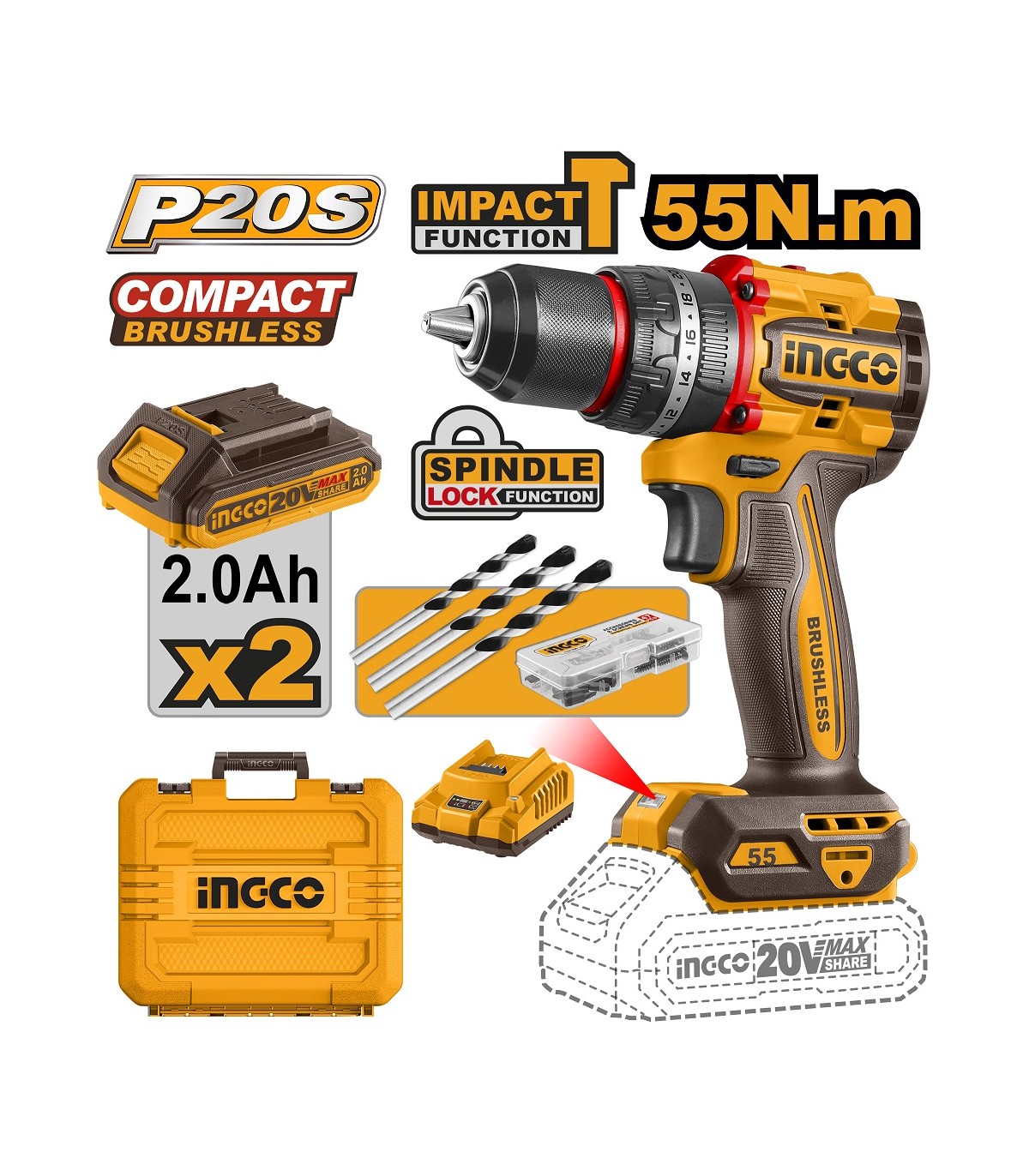 Taladro de Impacto BRUSHLESS Li-ion 20V Cargador + 2 Baterías 2AH