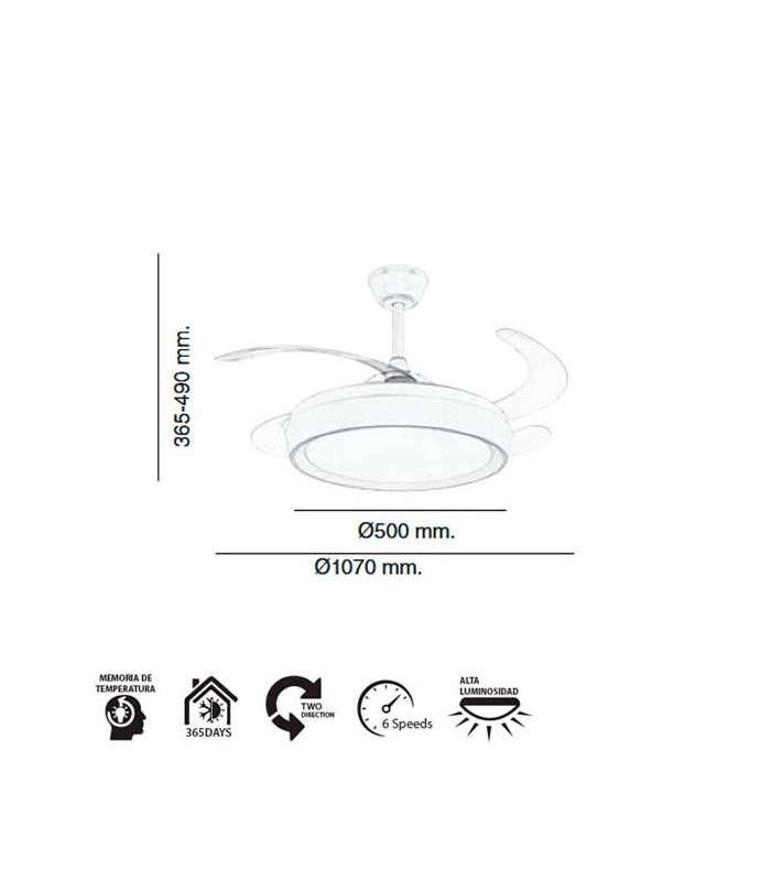 Ventilador Niza DC 50W 6200Lm 4 Aspas Blanco CCT