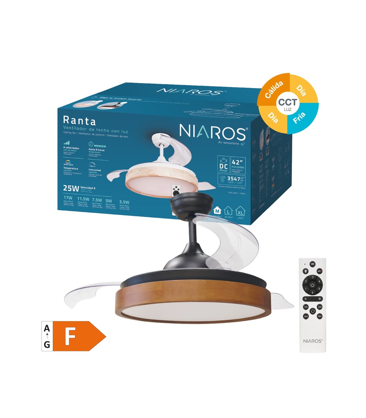 Ventilador Ranta DC 36W 3547Lm 3 Aspas Negro/Cerezo CCT