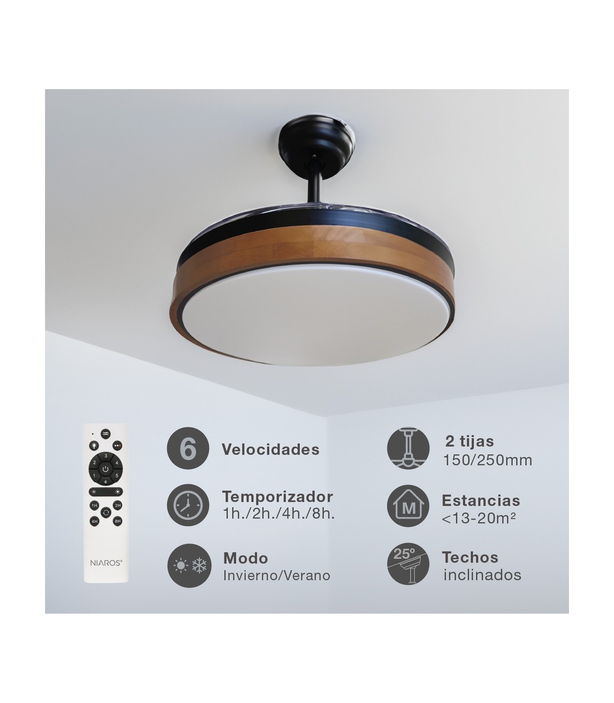 Ventilador Ranta DC 36W 3547Lm 3 Aspas Negro/Cerezo CCT