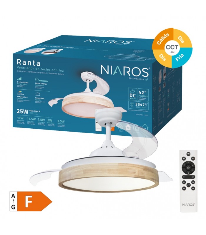 Ventilador Ranta DC 36W 3547Lm 3 Aspas Blanco/Haya CCT