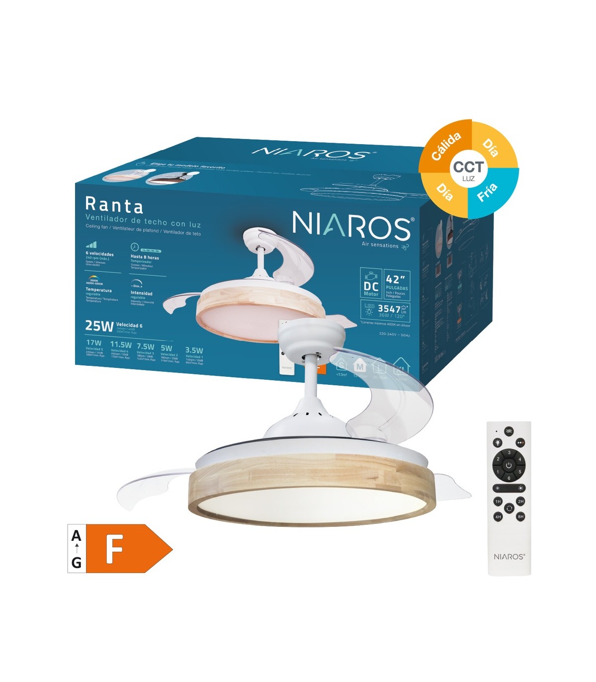 Ventilador Ranta DC 36W 3547Lm 3 Aspas Blanco/Haya CCT