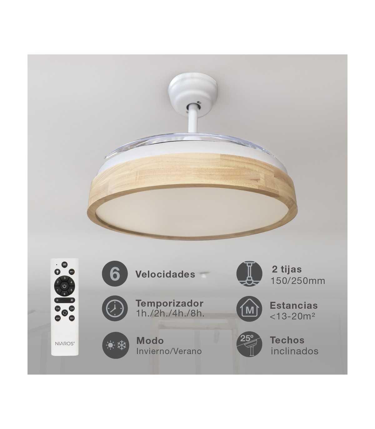 Ventilador Ranta DC 36W 3547Lm 3 Aspas Blanco/Haya CCT
