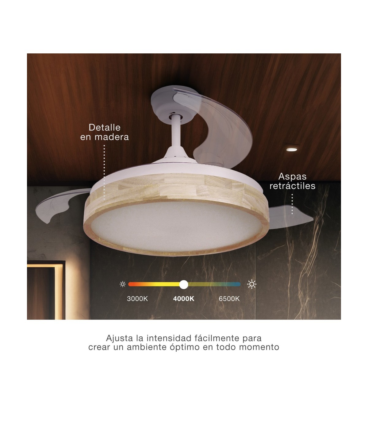 Ventilador Ranta DC 36W 3547Lm 3 Aspas Blanco/Haya CCT