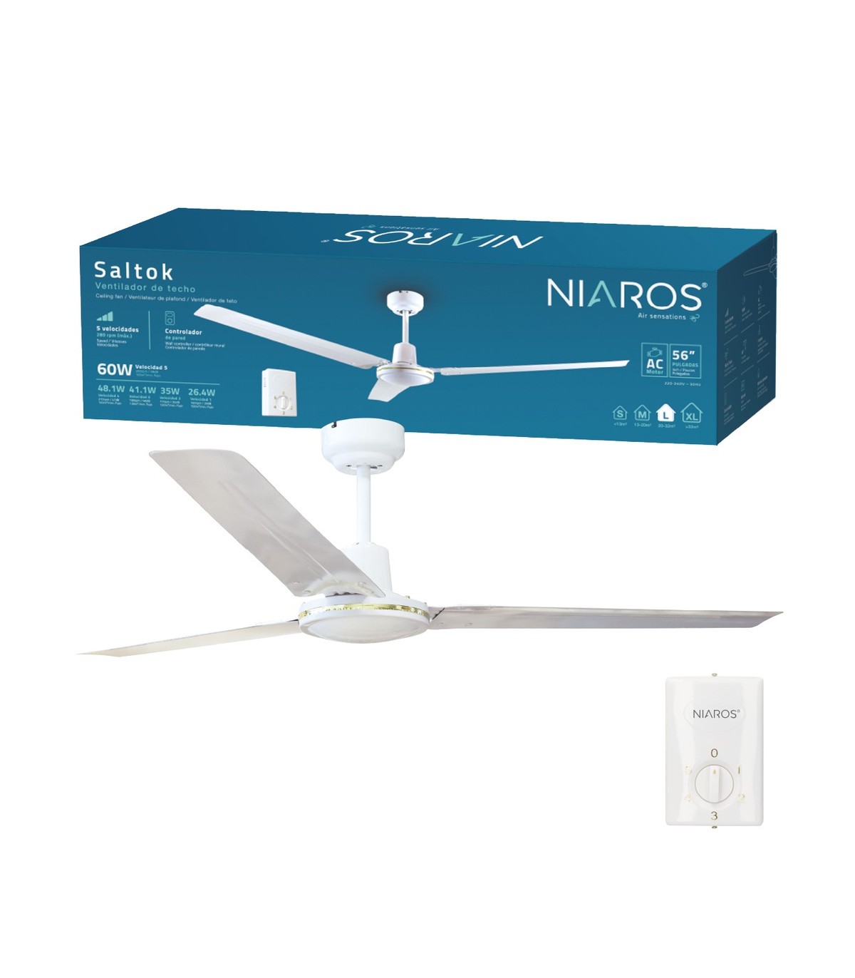 Ventilador De Techo Saltok Blanco AC Sin Luz 3 Aspas 142D
