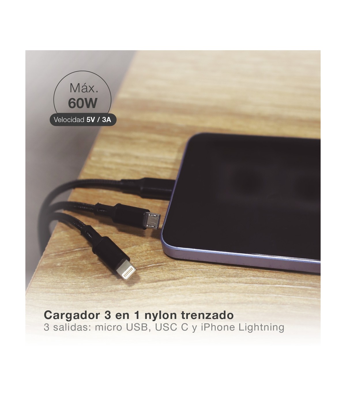 Cable USB Macho a Multicarga Nylon 1.2m