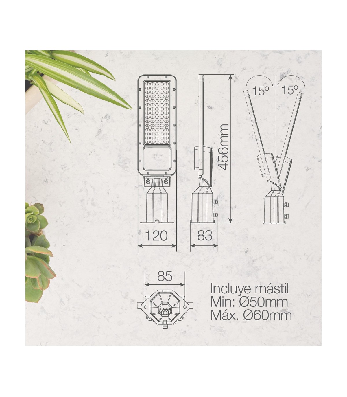 Farola PEMALI 50W 6200Lm 140ºx70º IP65