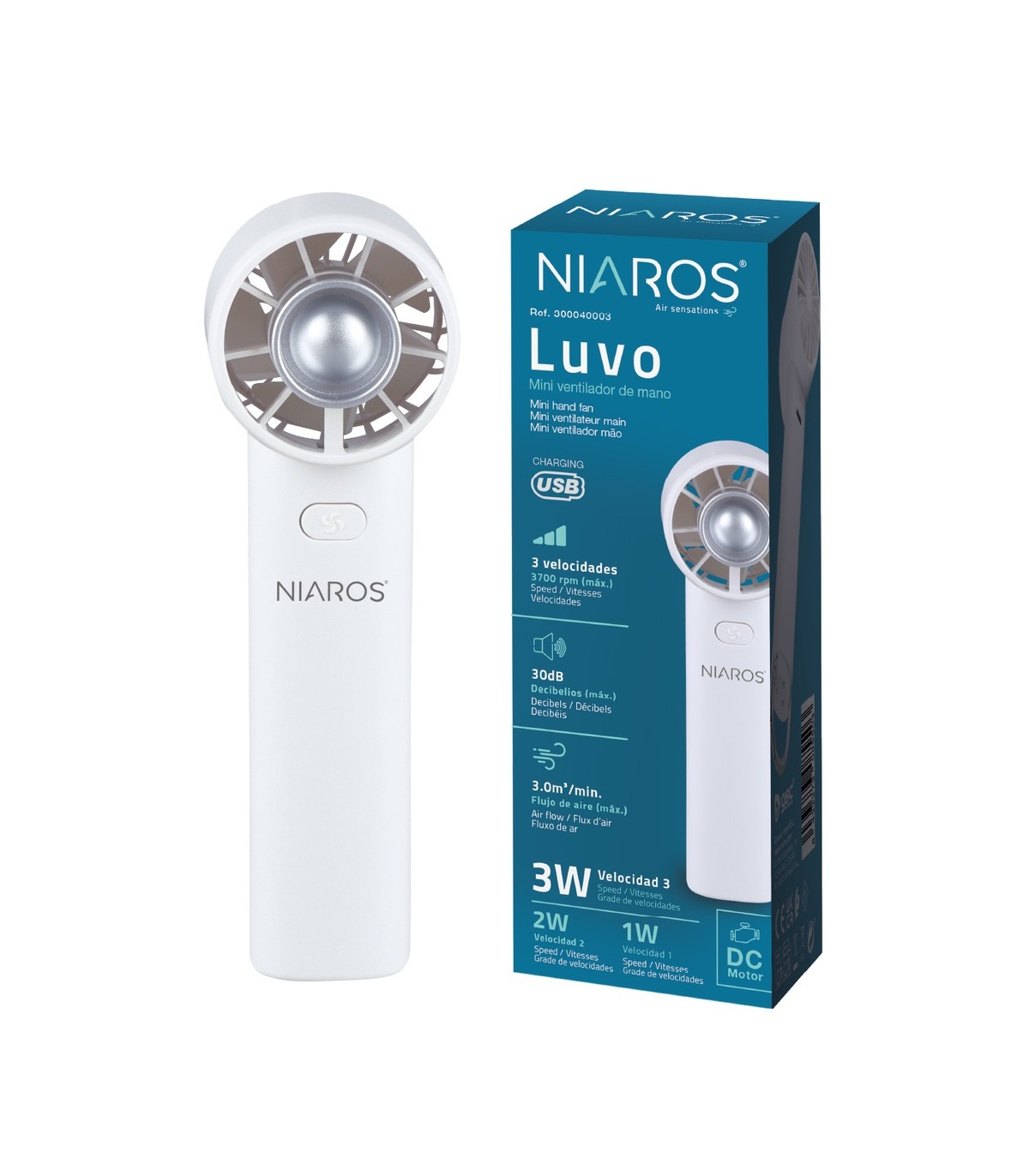 Mini ventilador de mano LUVO USB recargable Blanco