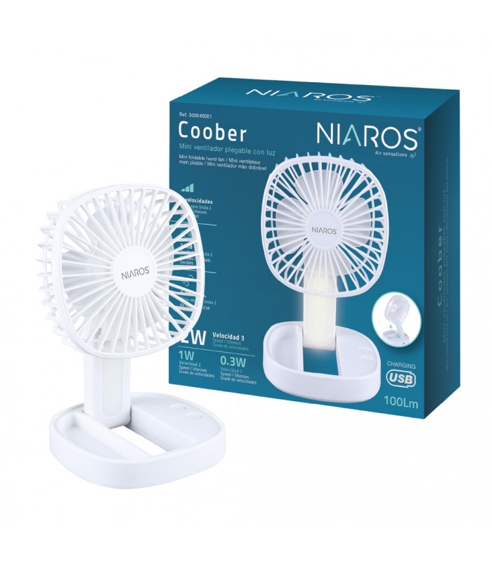 Mini ventilador de mano plegable COOBER con Luz USB recargable Blanco