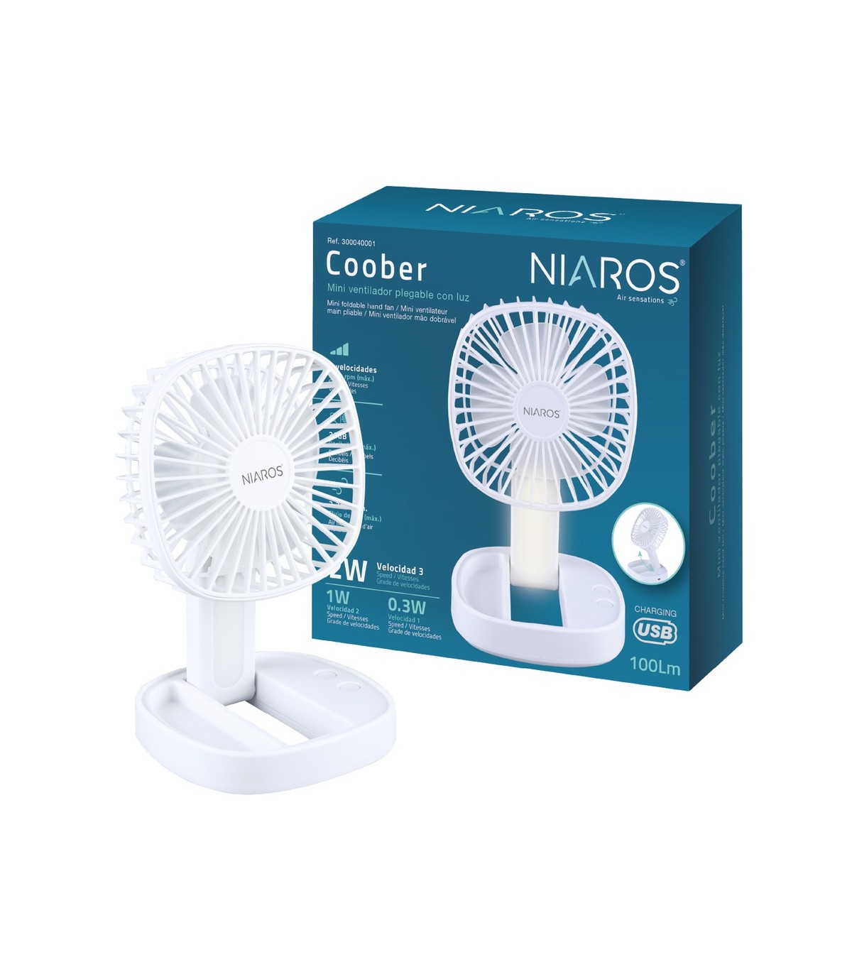Mini ventilador de mano plegable COOBER con Luz USB recargable Blanco