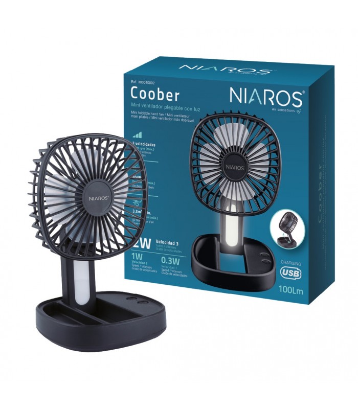 Mini ventilador de mano plegable COOBER con Luz USB recargable Negro