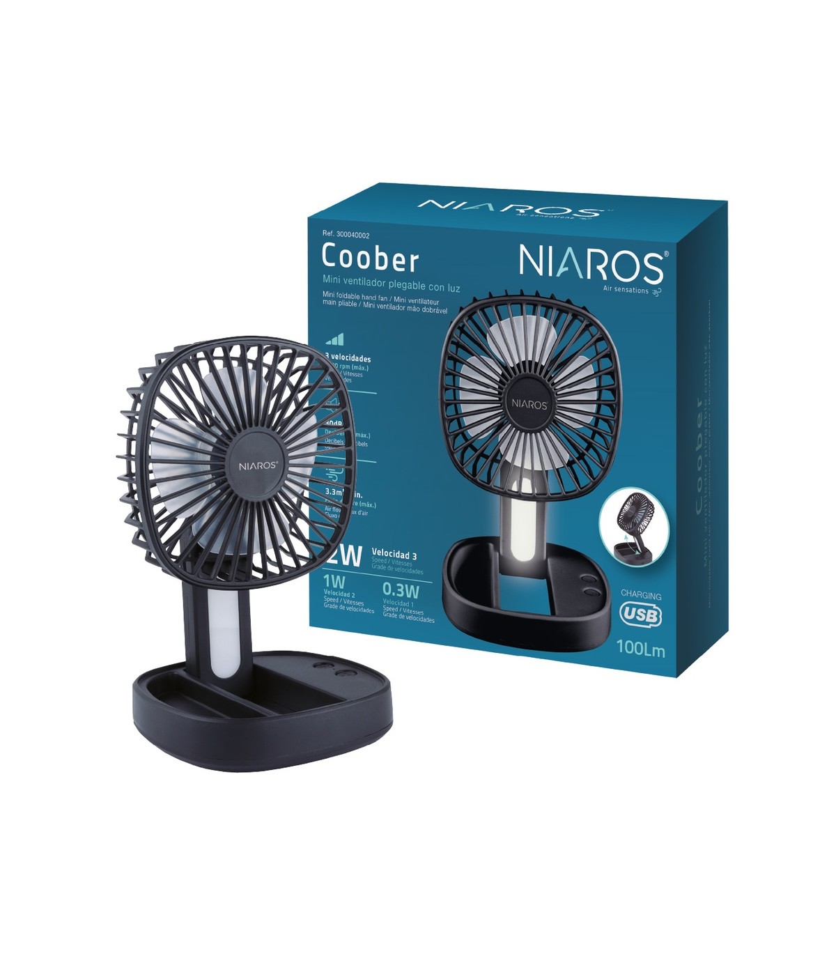 Mini ventilador de mano plegable COOBER con Luz USB recargable Negro