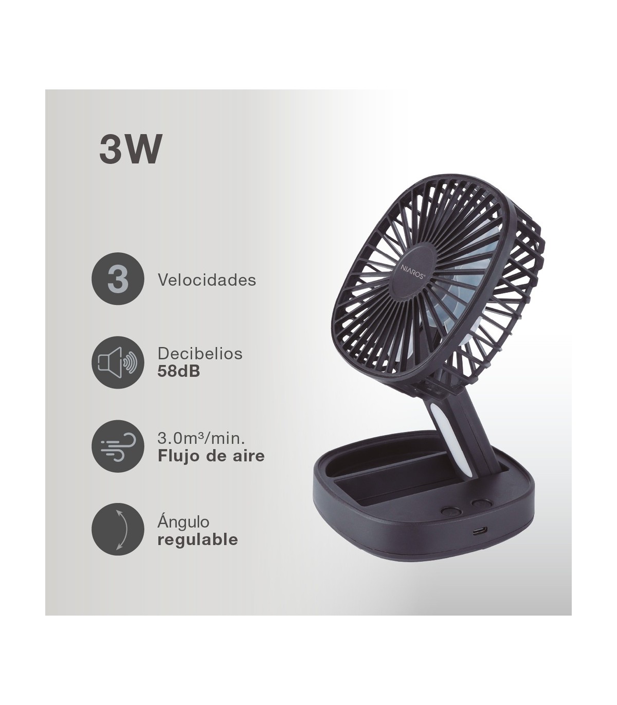 Mini ventilador de mano plegable COOBER con Luz USB recargable Negro