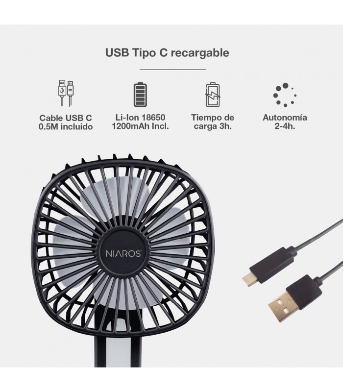 Mini ventilador de mano plegable COOBER con Luz USB recargable Negro