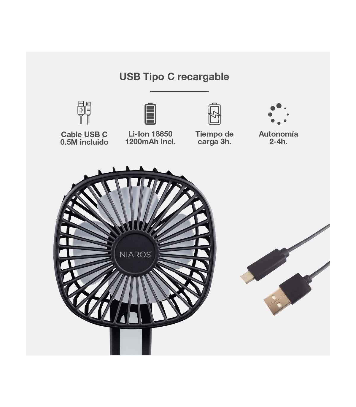 Mini ventilador de mano plegable COOBER con Luz USB recargable Negro