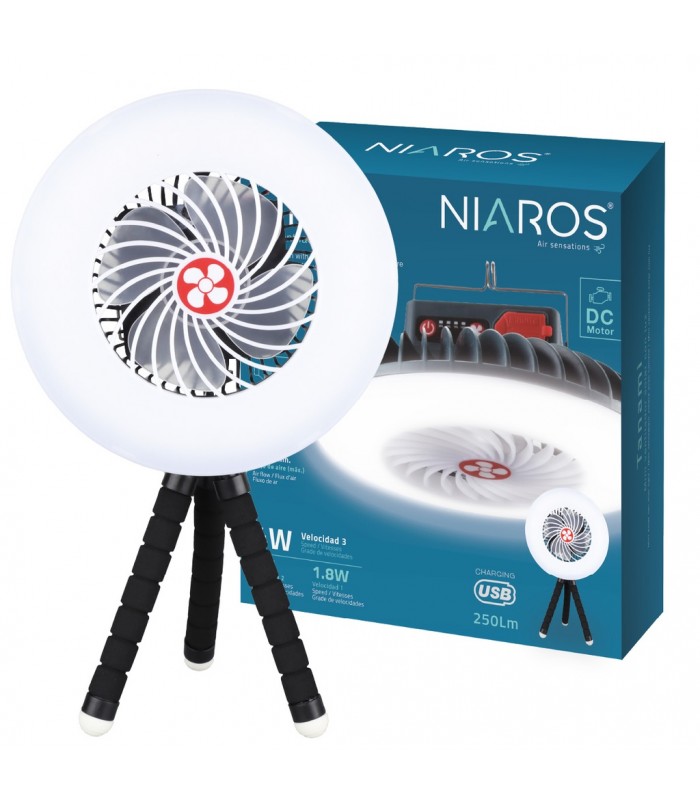 Mini ventilador solar TANAMI con Luz y Trípode flexible USB recargable