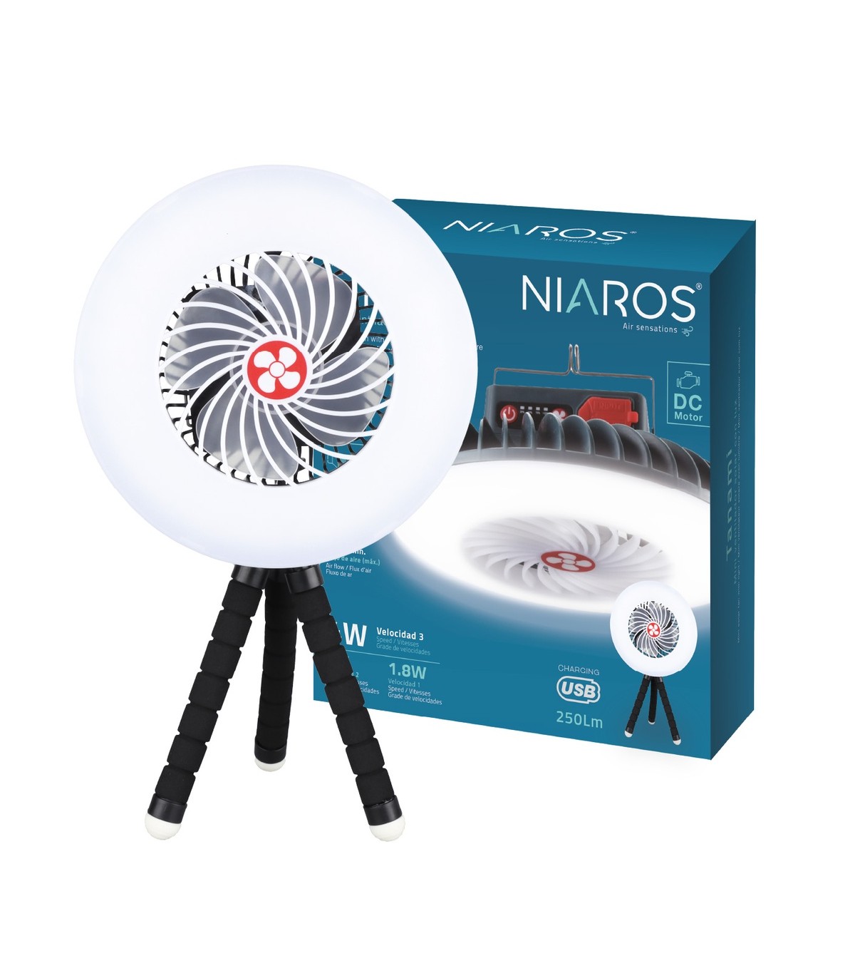 Mini ventilador solar TANAMI con Luz y Trípode flexible USB recargable