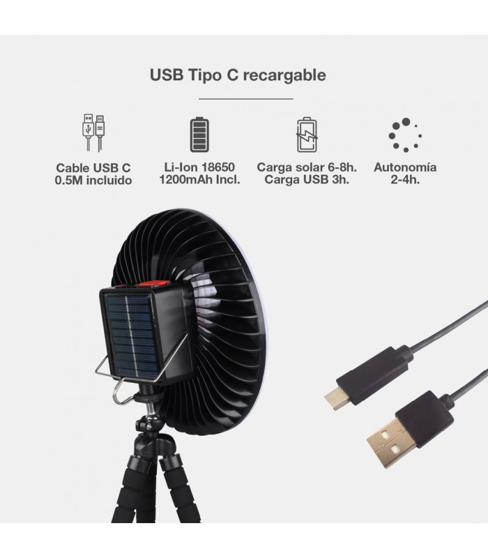 Mini ventilador solar TANAMI con Luz y Trípode flexible USB recargable