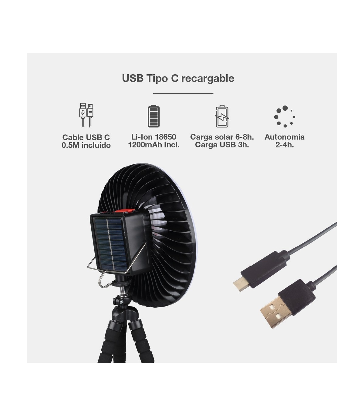 Mini ventilador solar TANAMI con Luz y Trípode flexible USB recargable