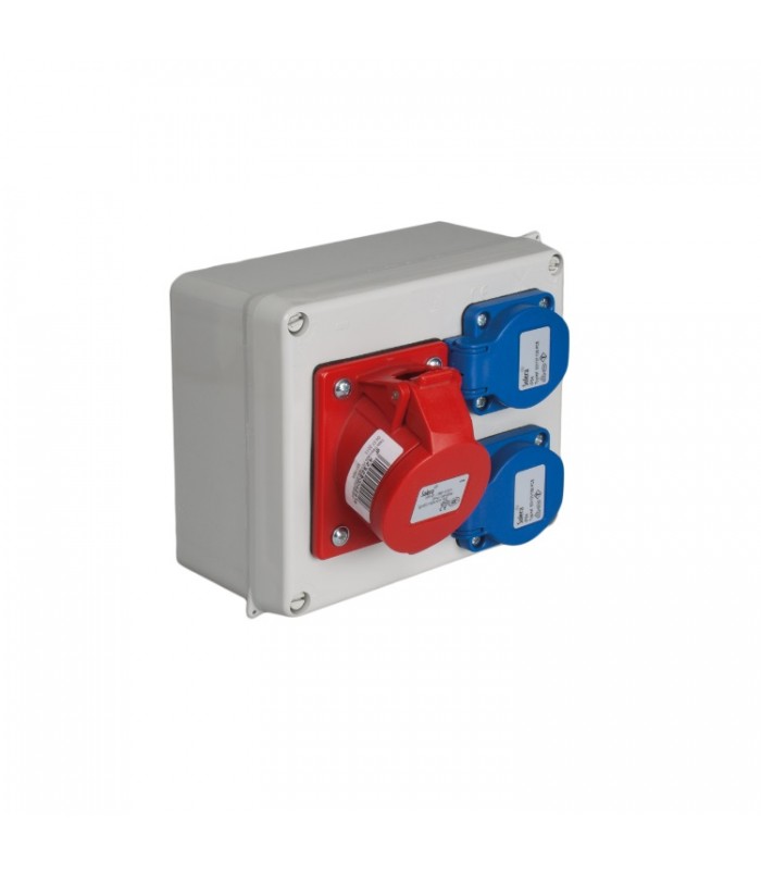 Caja estanca montada 165x135x70mm con 2 bases Schuko 2P+T 16A 250V + 1 base CE 3P+T 16A 400V