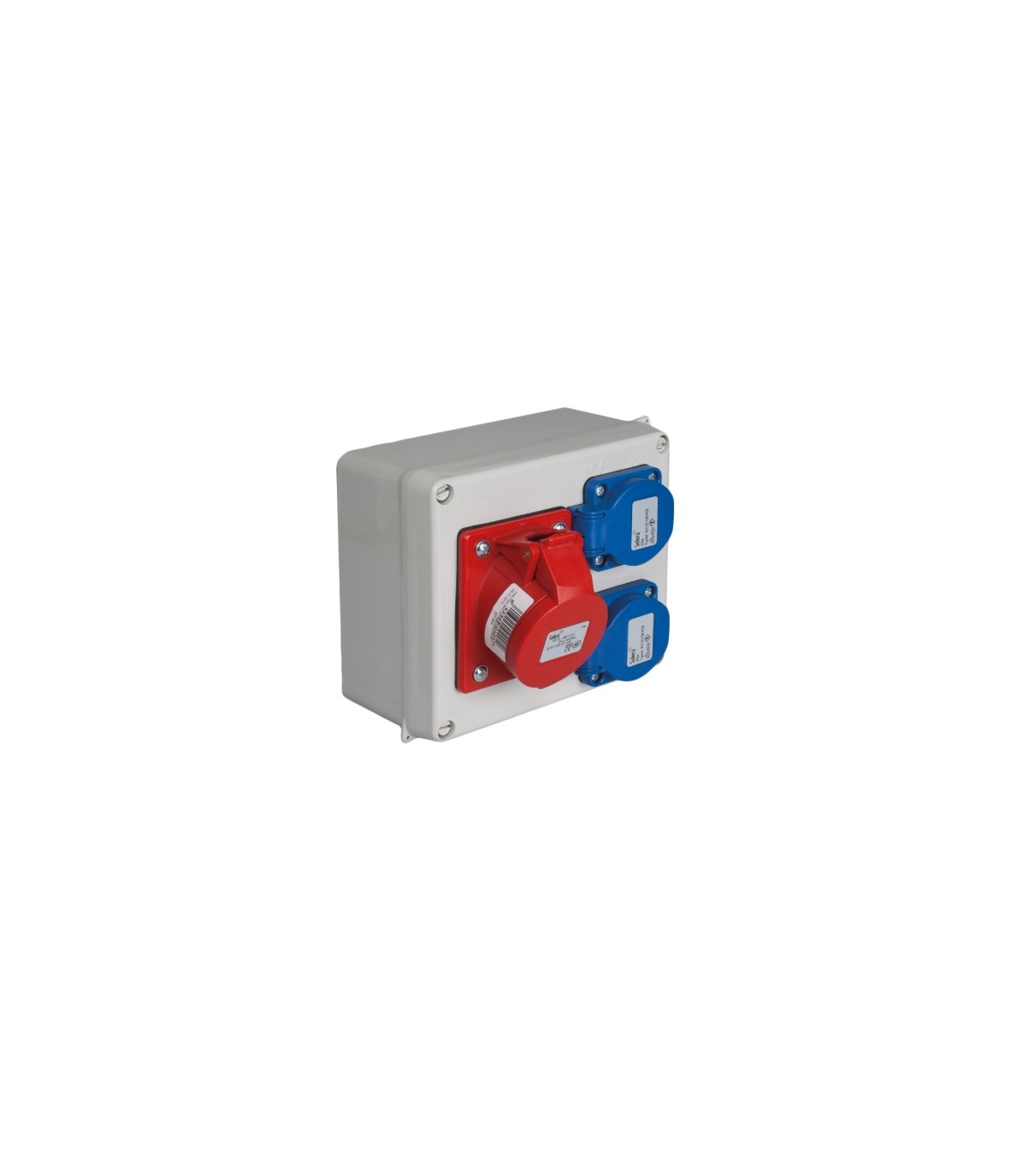 Caja estanca montada 165x135x70mm con 2 bases Schuko 2P+T 16A 250V + 1 base CE 3P+T 16A 400V