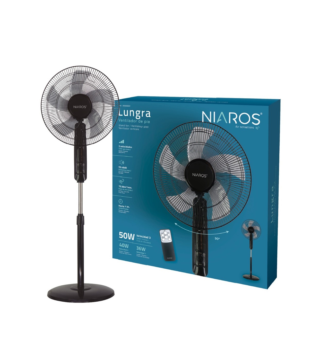 Ventilador de Pie LUNGRA con mando y temporizador 50W Ø43cm Negro
