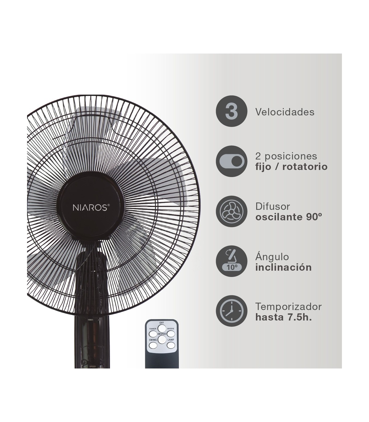 Ventilador de Pie LUNGRA con mando y temporizador 50W Ø43cm Negro