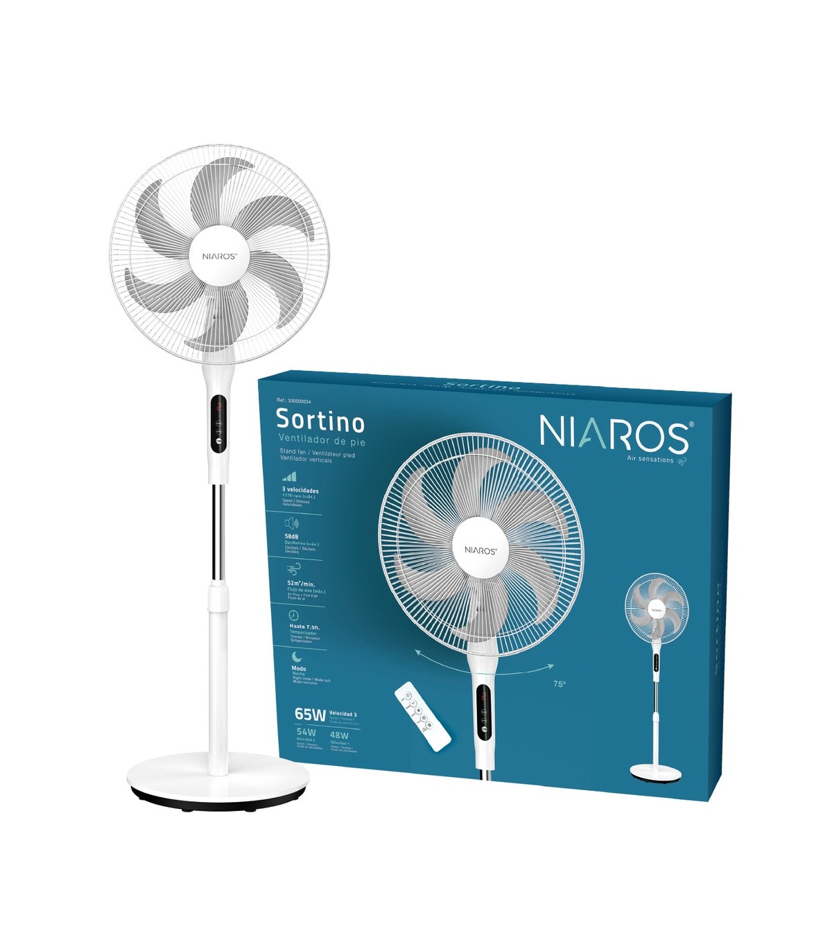 Ventilador de Pie SORTINA con mando y temporizador 65W Ø43cm Blanco