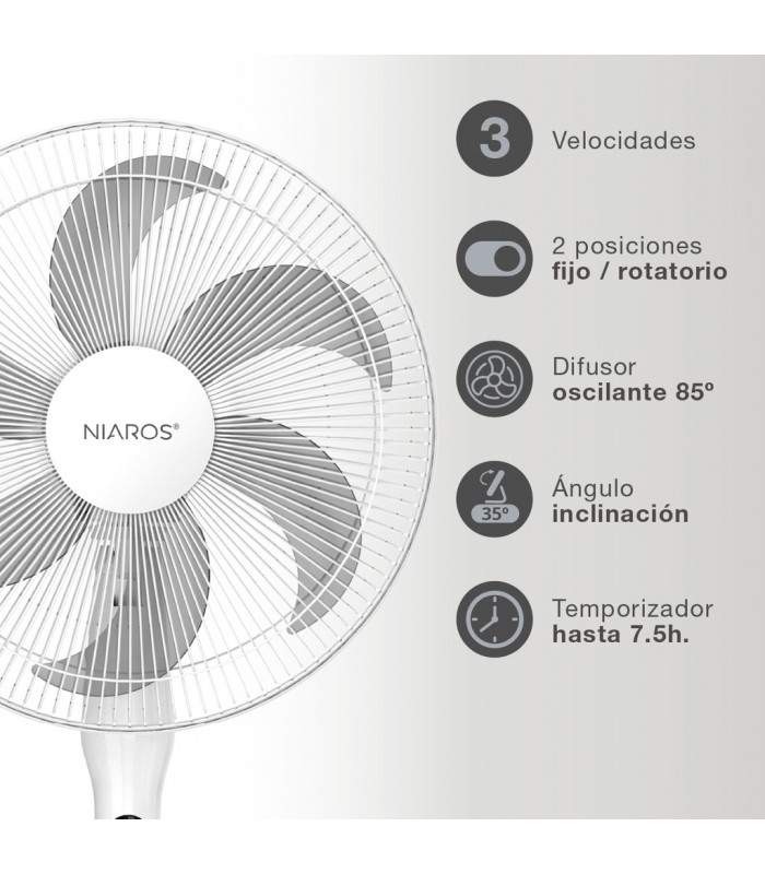 Ventilador de Pie SORTINA con mando y temporizador 65W Ø43cm Blanco