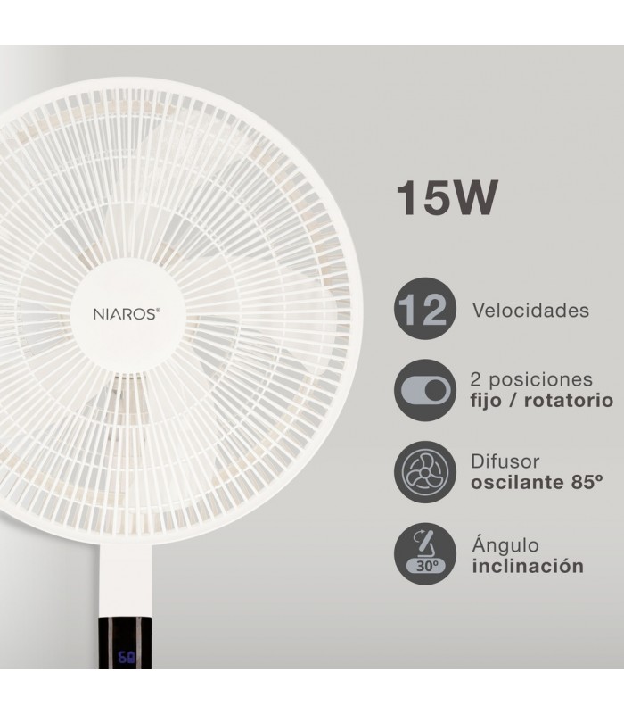 Ventilador portátil de pie SANLURI con mando 15W Ø39cm Blanco