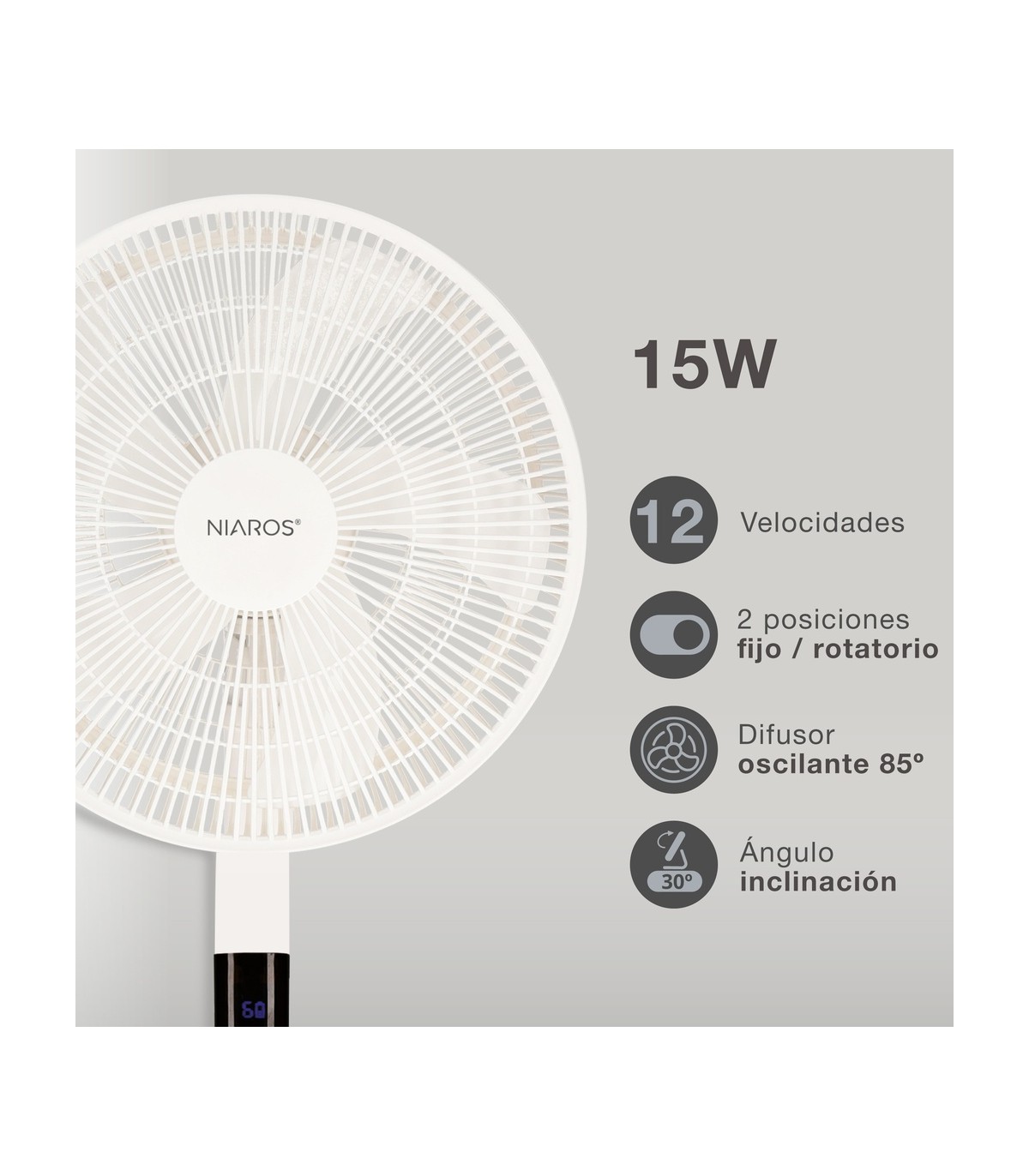 Ventilador portátil de pie SANLURI con mando 15W Ø39cm Blanco