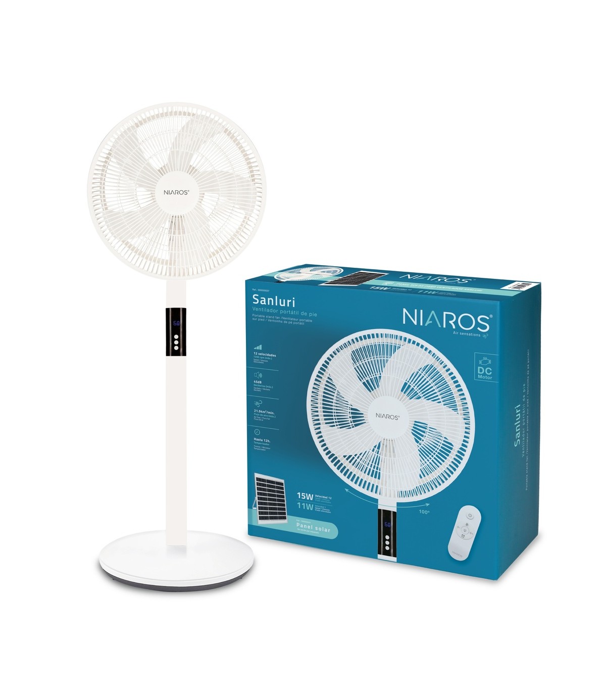 Ventilador portátil de pie SANLURI con mando 15W Ø39cm Blanco