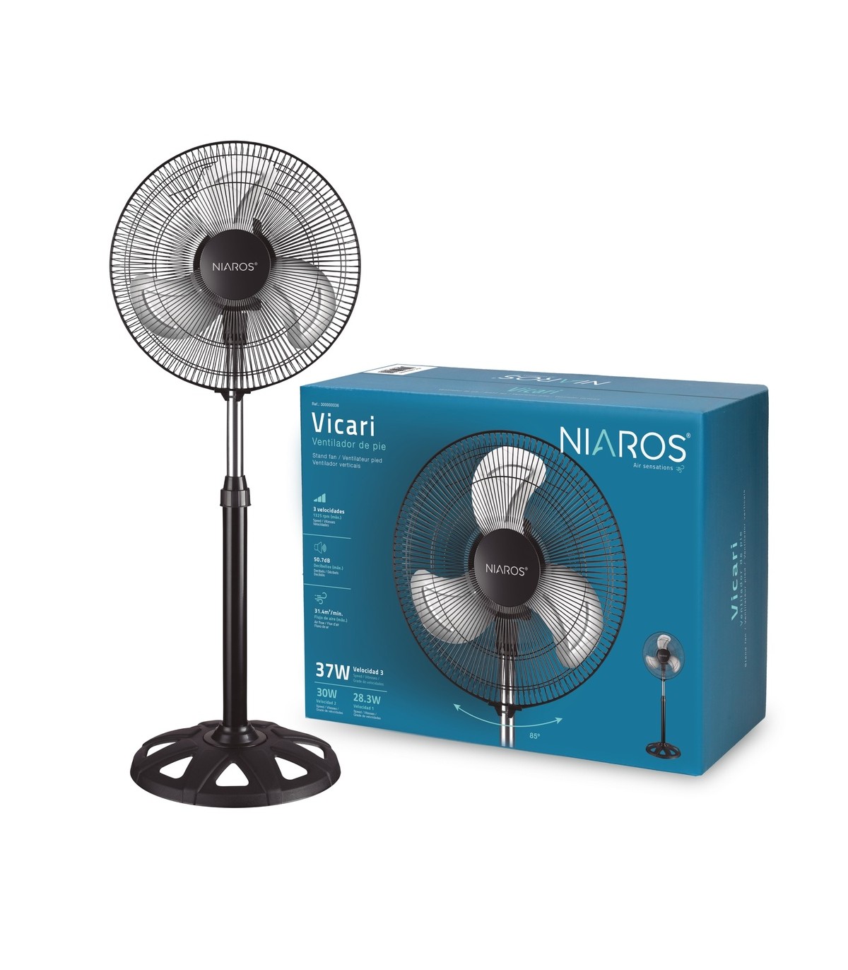 Ventilador de Pie metálico VICARI 37W Ø34cm Negro
