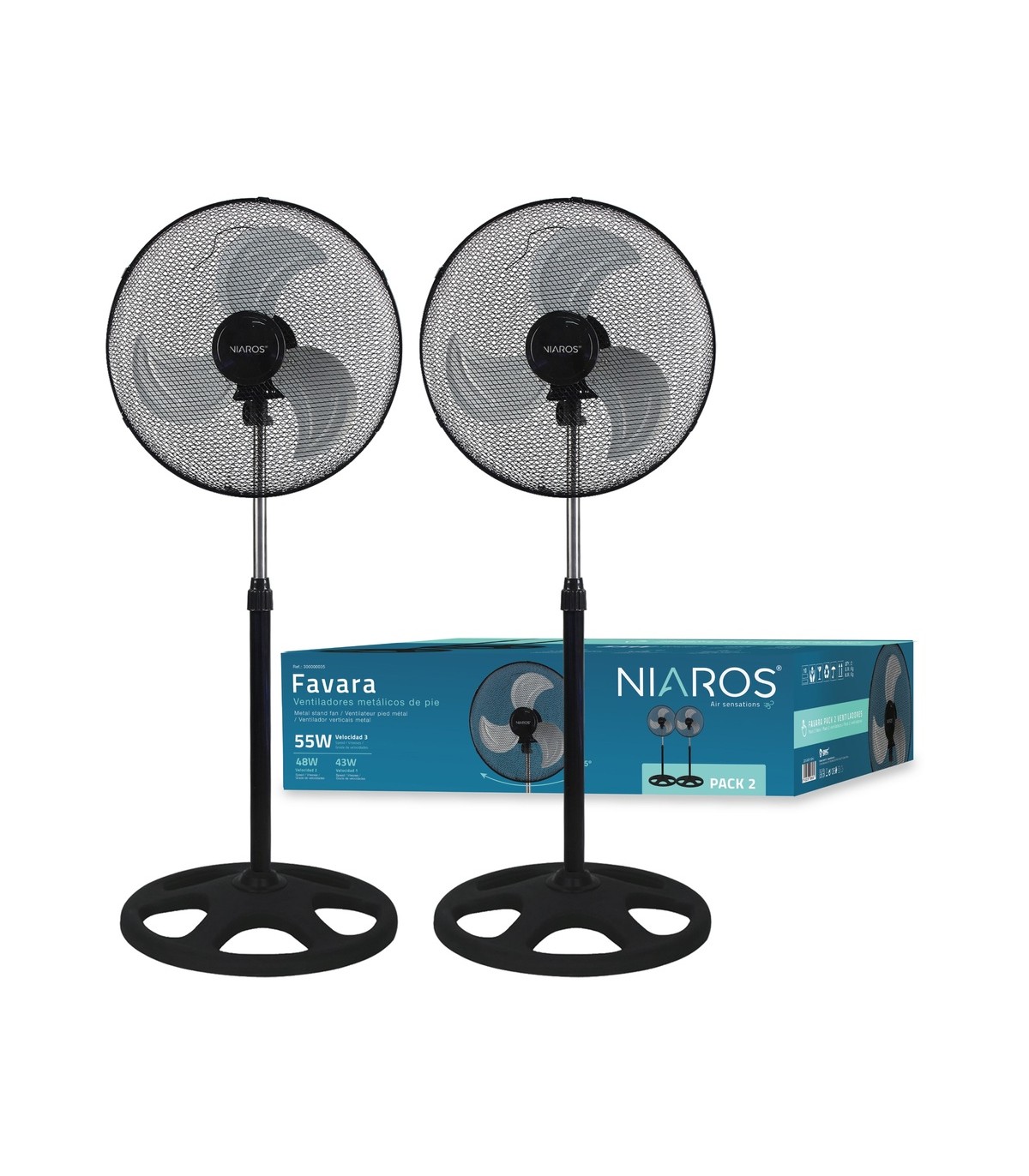 Pack 2 Ventiladores de Pie metálicos FAVARA 55W Ø50cm Negro