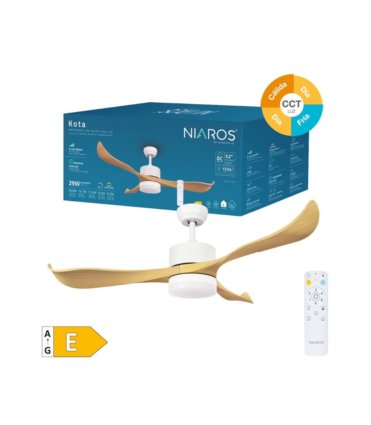 Ventilador KOTA Blanco DC 15W 1534Lm 3 Aspas Haya CCT