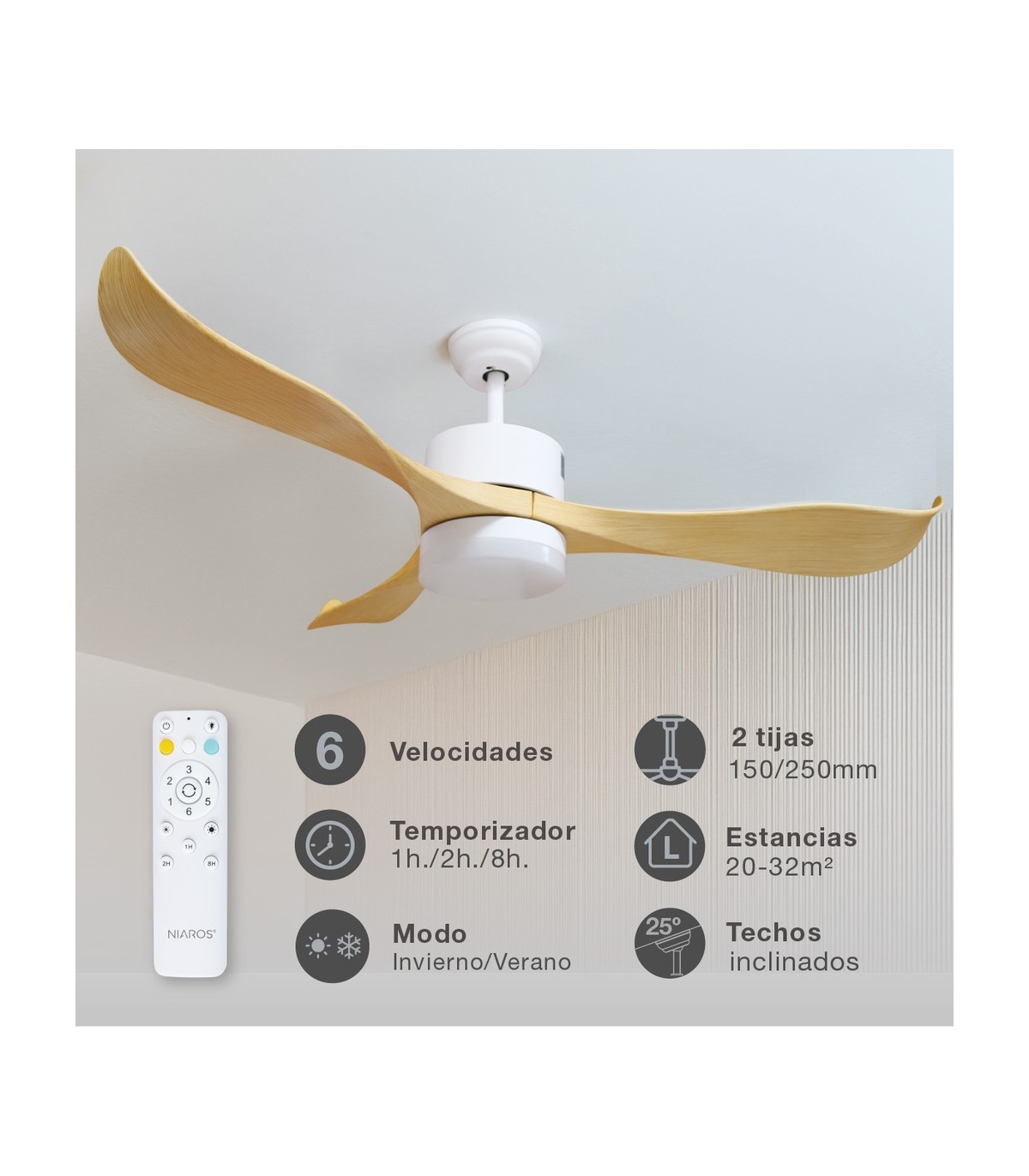Ventilador KOTA Blanco DC 15W 1534Lm 3 Aspas Haya CCT