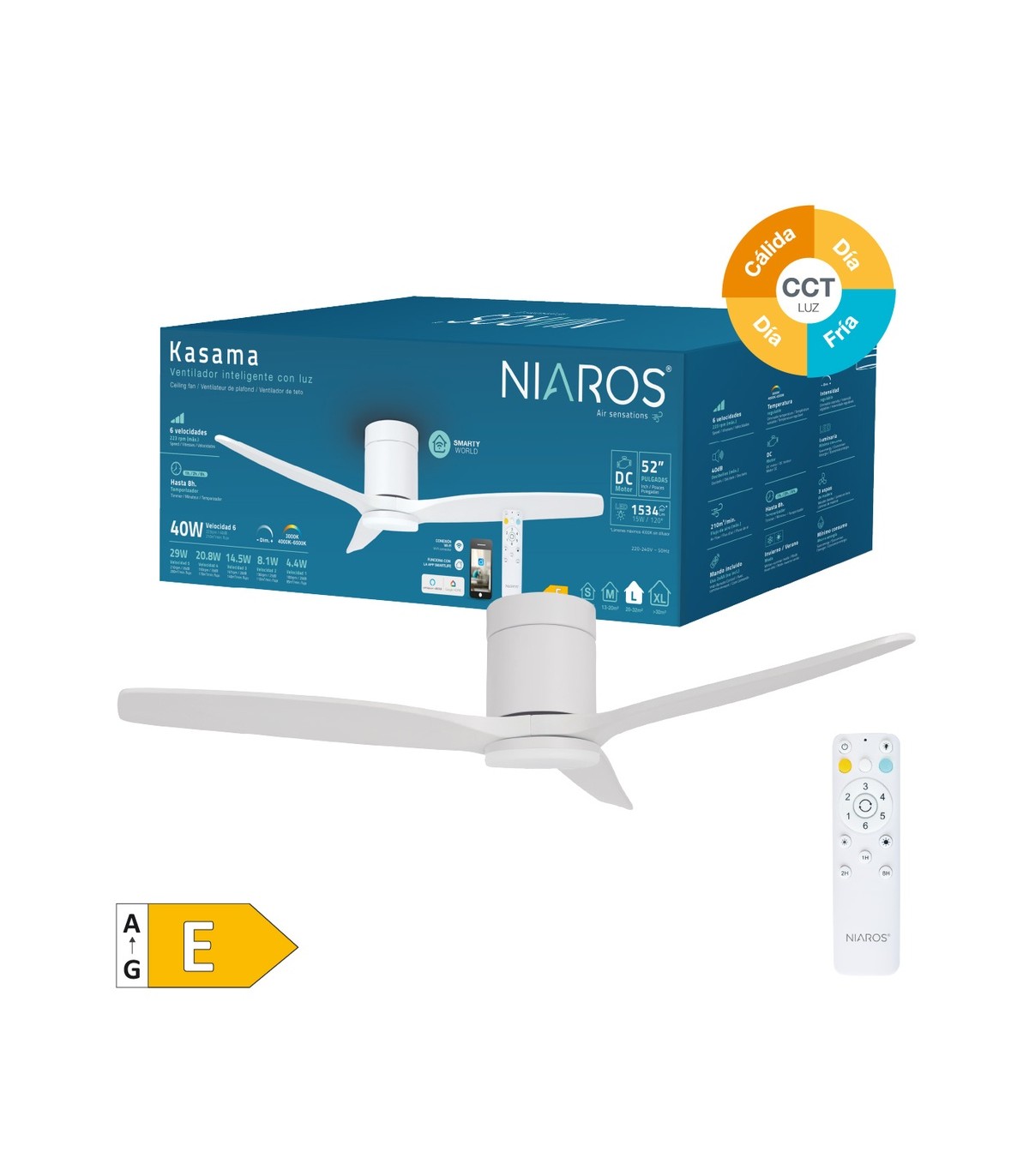 Ventilador KASAMA APP Blanco DC 15W 1534Lm 3 Aspas Blanco CCT