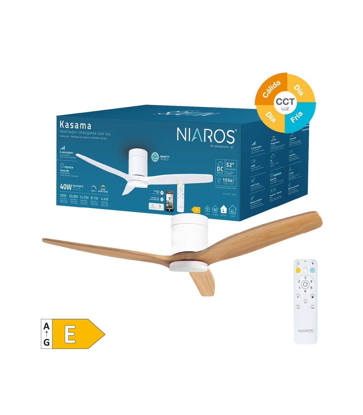 Ventilador KASAMA APP Blanco DC 15W 1534Lm 3 Aspas Haya CCT