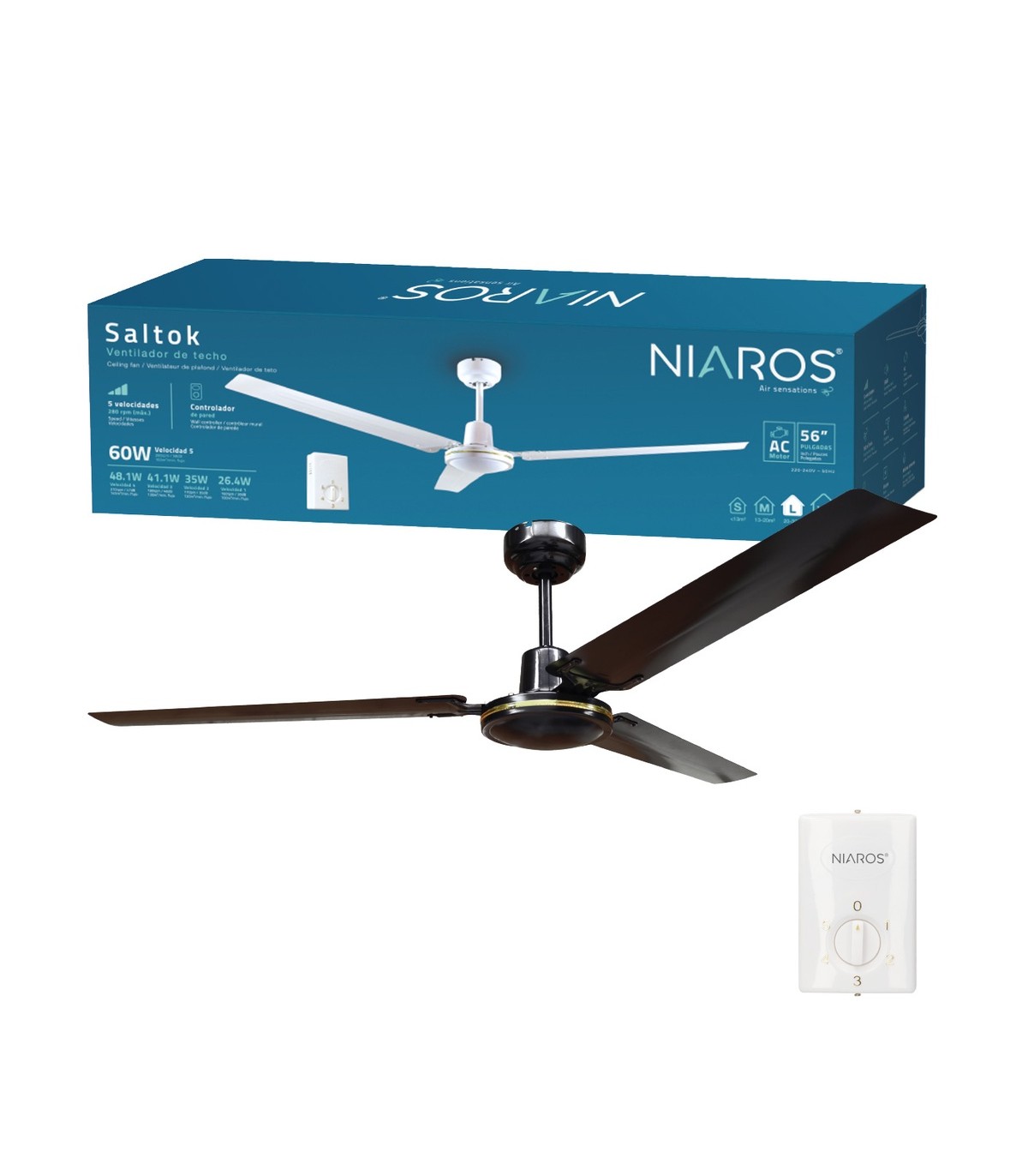 Ventilador De Techo Saltok Negro AC Sin Luz 3 Aspas 142D