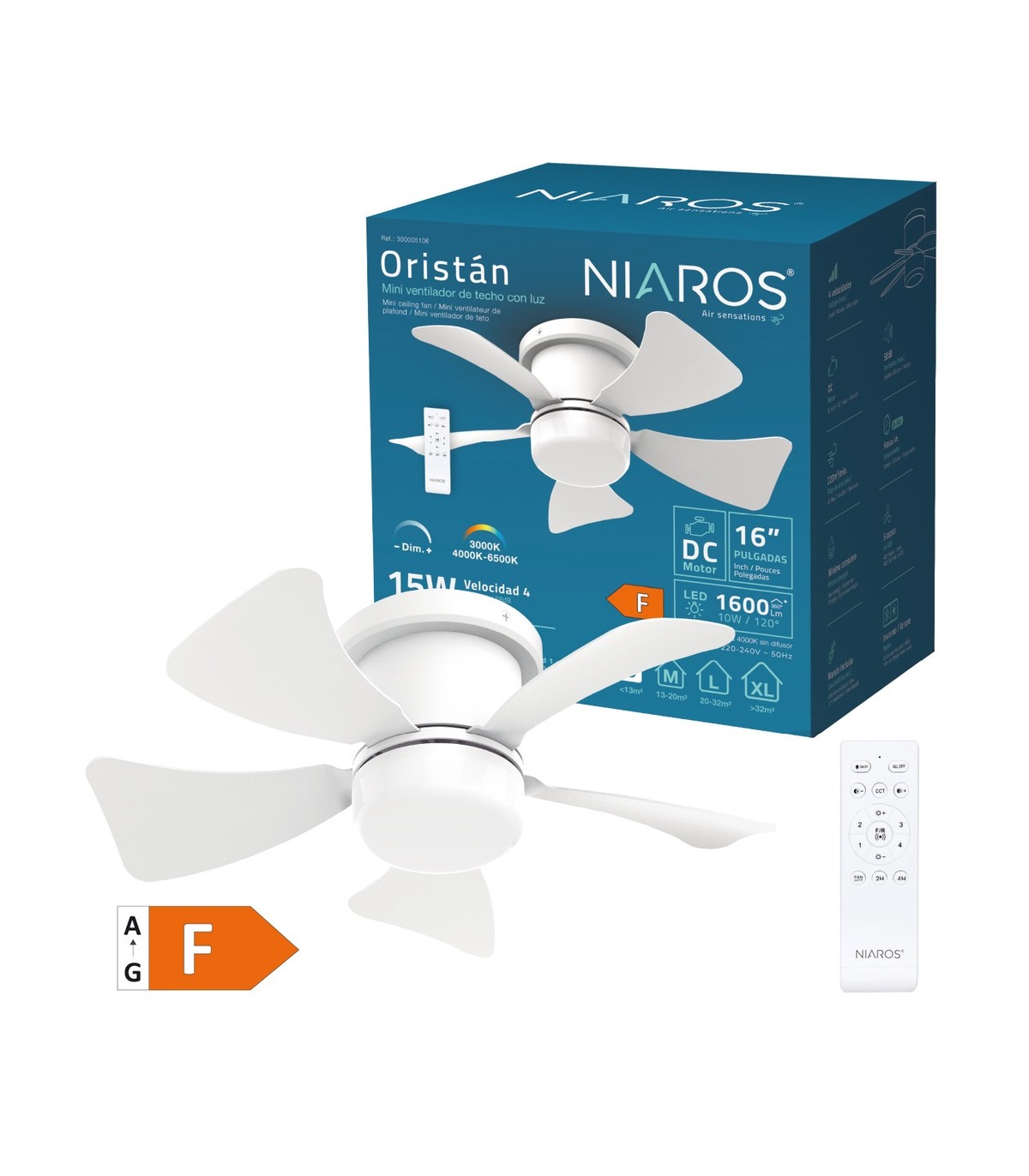 Ventilador ORISTAN Blanco DC 10W 1400Lm 5 Aspas Blanco CCT