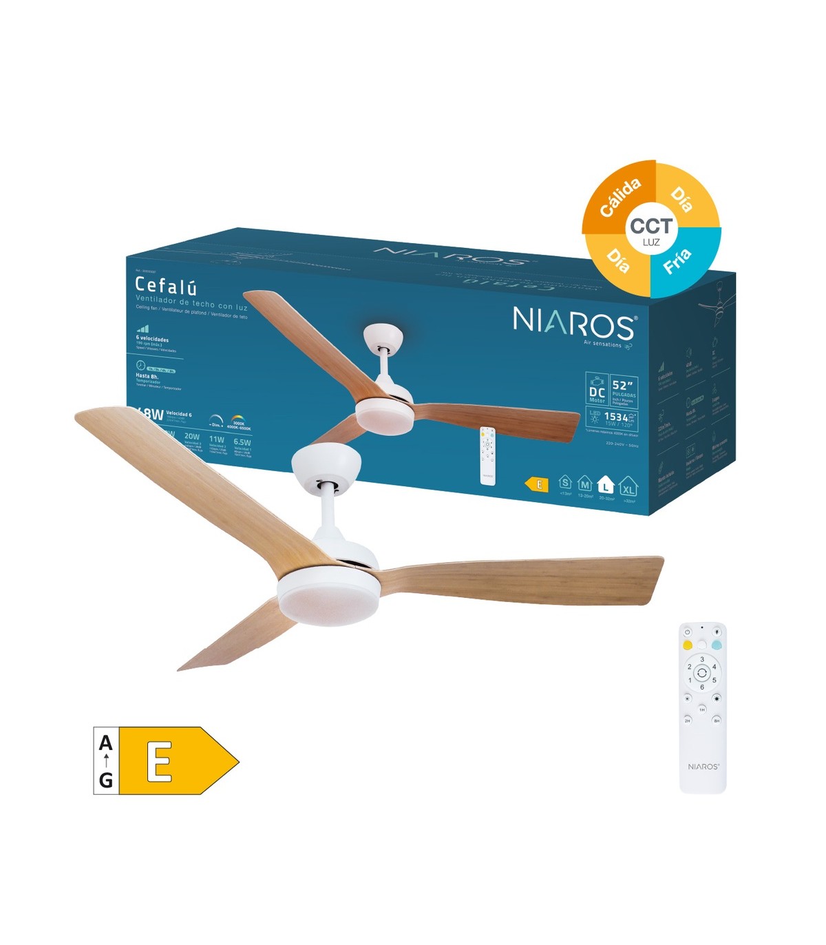 Ventilador CEFALU Blanco DC 15W 1534Lm 3 Aspas Haya CCT