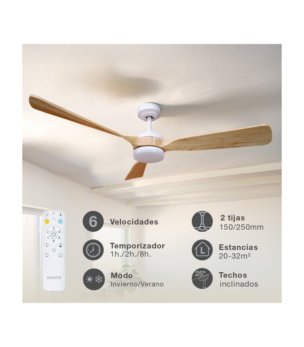 Ventilador CEFALU Blanco DC 15W 1534Lm 3 Aspas Haya CCT