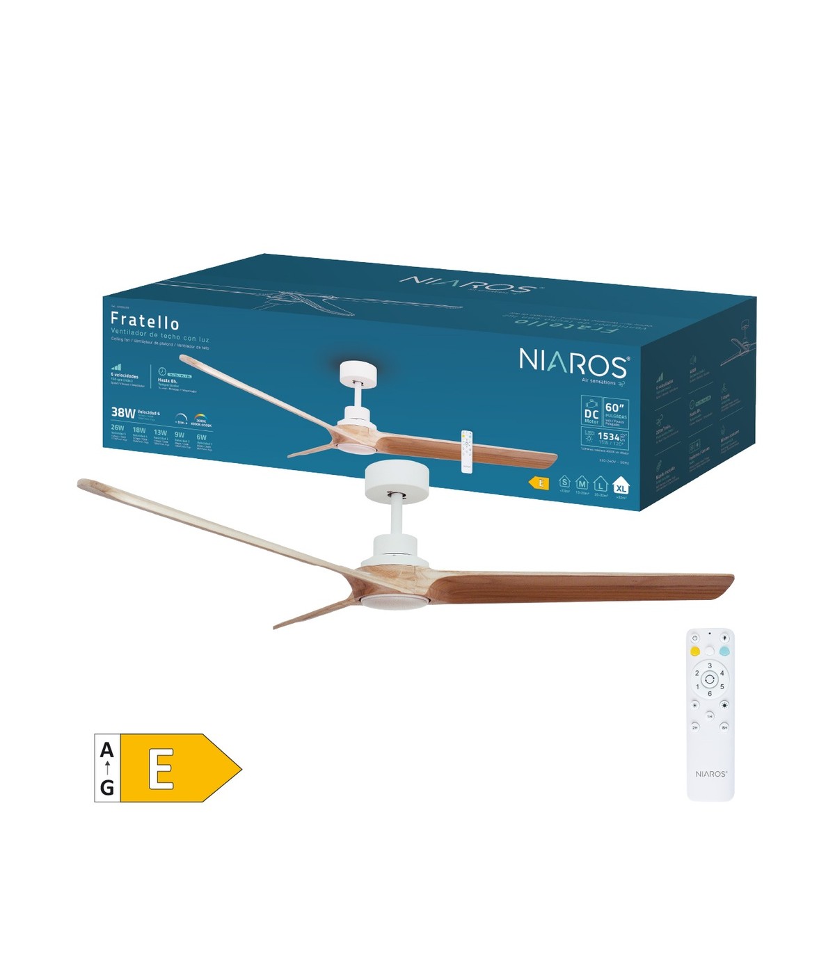 Ventilador FRATELLO Blanco DC 15W 1534Lm 3 Aspas Madera CCT