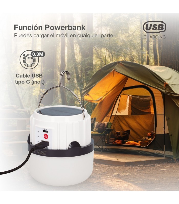 Linterna solar LED camping recargable USB powerbank 5W 300Lm