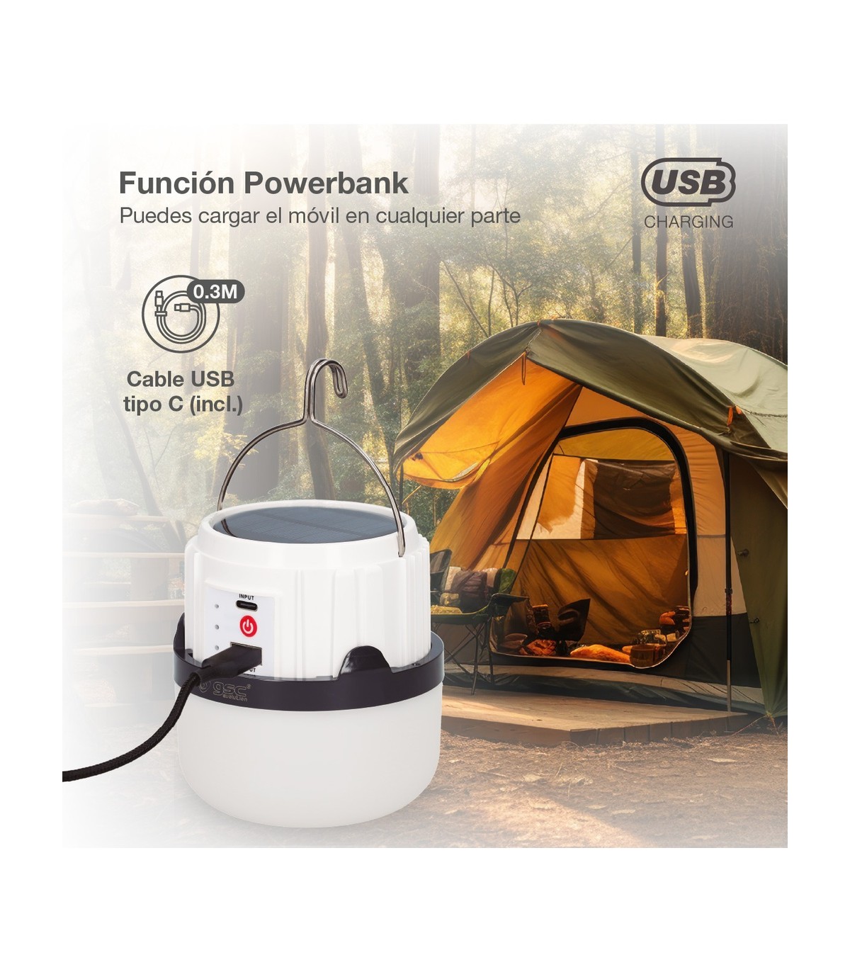 Linterna solar LED camping recargable USB powerbank 5W 300Lm