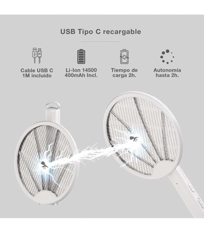 Raqueta eléctrica mata insectos 2 en 1 USB Recargable