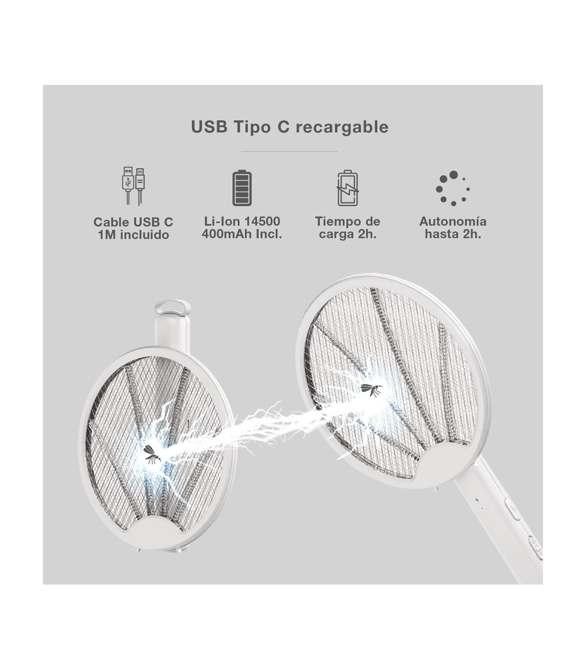 Raqueta eléctrica mata insectos 2 en 1 USB Recargable