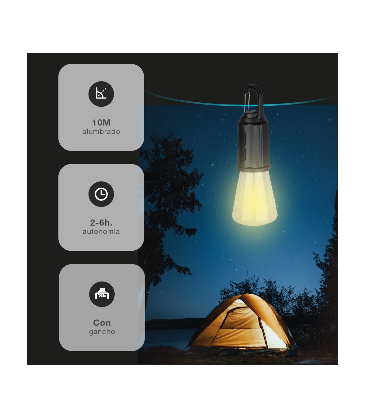 Bombilla LED camping recargable USB 2W 120Lm