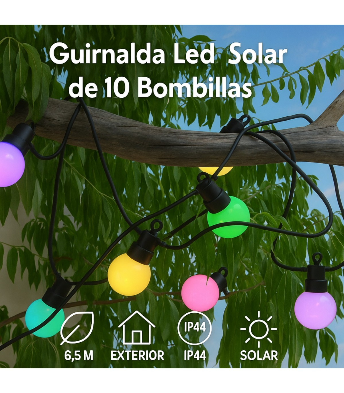 Guirnalda Led Solar 1.2W 10 Bombillas 6,5 Metros IP54 RGBW