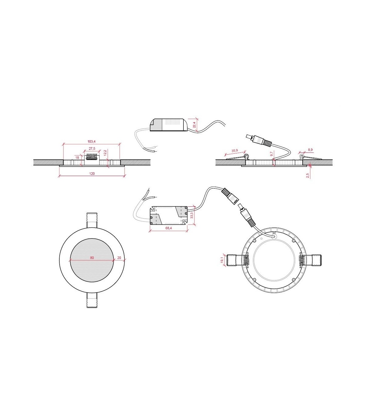 Downlight LED 6W 600Lm 120º IP20 Redondo Negro Brillo